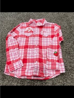 Cakeworthy x strawberry shortcake scented plaid flannel button down NWOT XS
